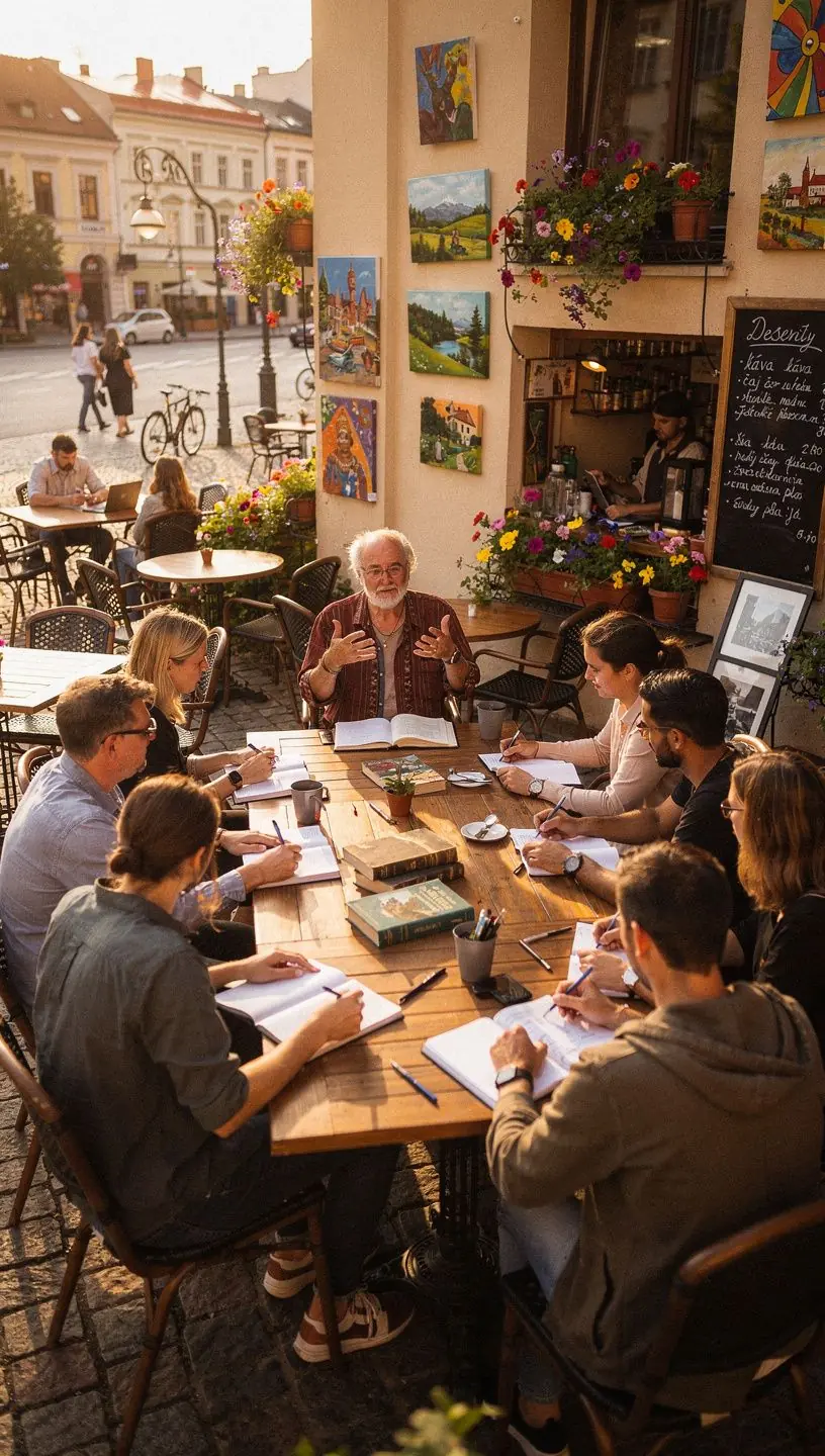 Ilustrace českého města s turistickými atrakcemi a zajímavostmi.